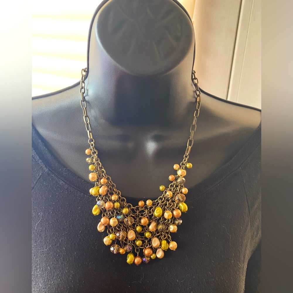 Gold tone beaded bib necklace